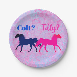 Rosa Filly u. blaues Colt-Western-Art-Geschlecht Pappteller