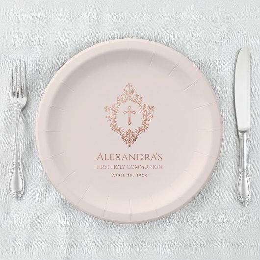 Rosa First Communion Girl Elegante Rose Wappen Pappteller
