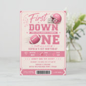 Rosa First Down Eins Fußball 1. Geburtstag Einladung (Stehend Vorderseite)