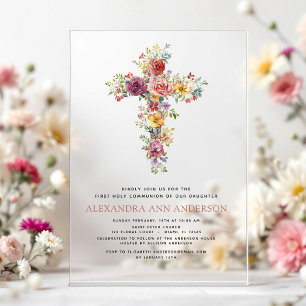 Rosa First Holy Communion Rose Grünelemente Acryleinladungen