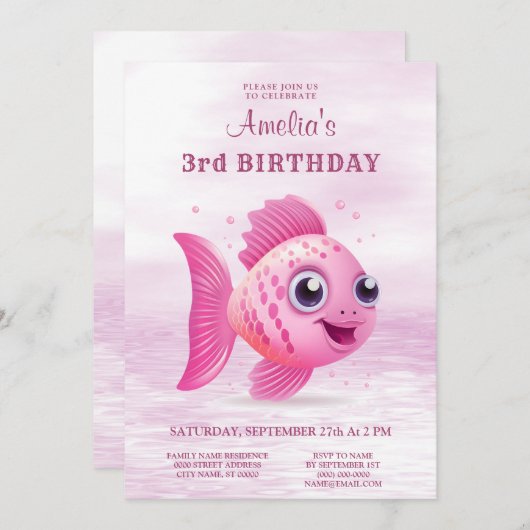 Rosa Fische zum Geburtstag Einladung (Vorne/Hinten)