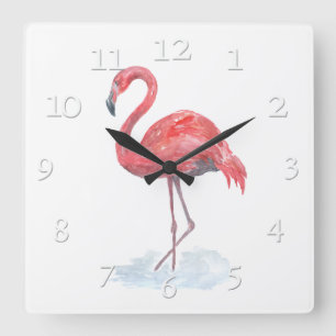 Rosa Flamingo Aquarell. Quadratische Wanduhr