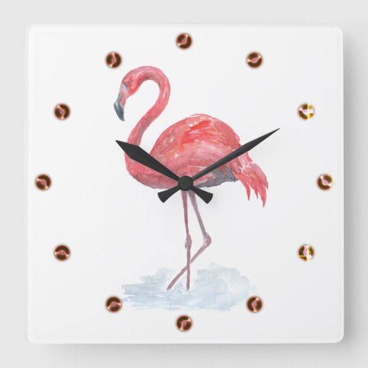 Rosa Flamingo Aquarell. Quadratische Wanduhr (Vorderseite)