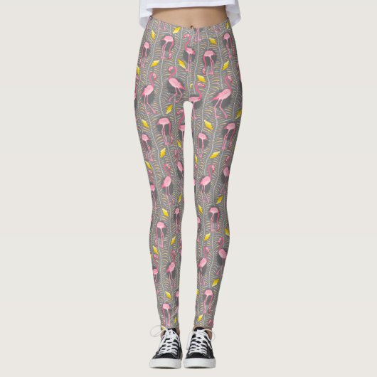 Rosa Flamingo Art Deco Ferns Gray Yellow 20er Vöge Leggings (Vorderseite)