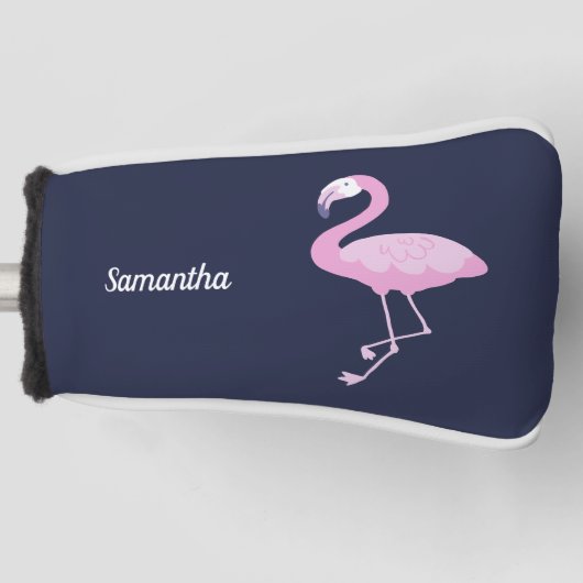 Rosa Flamingo auf dunklem Blau mit dem Namen Golf Headcover (Vorderseite)