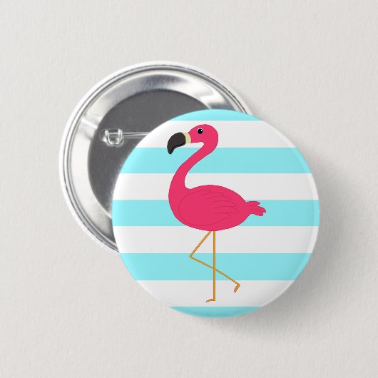 Rosa Flamingo auf hellen aquamarinen Streifen Button (Vorne & Hinten)