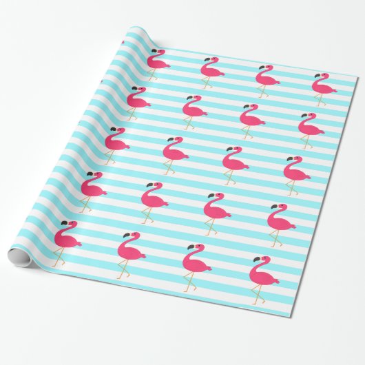 Rosa Flamingo auf hellen aquamarinen Streifen Geschenkpapier (Ungerollt)
