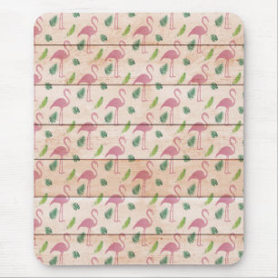 Rosa Flamingo auf Holzmuster Mousepad