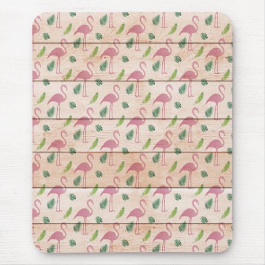 Rosa Flamingo auf Holzmuster Mousepad (Vorne)
