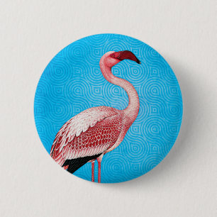 Rosa Flamingo auf Retro blauem Muster Button