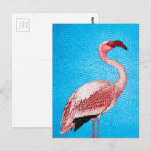 Rosa Flamingo auf Retro Blue Pattern Postkarte (Vorne/Hinten)