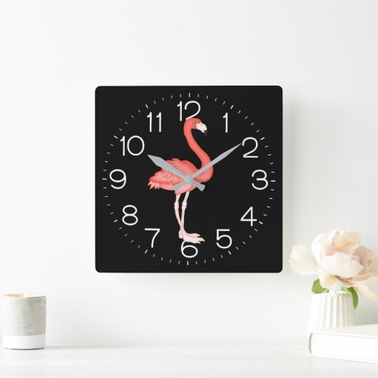 Rosa Flamingo auf schwarz Quadratische Wanduhr (Zuhause)