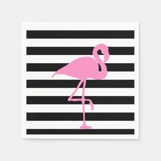 Rosa Flamingo auf Schwarz und Weiß Streifen Serviette (Vorderseite)