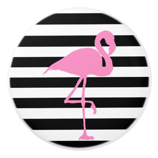 Rosa Flamingo auf schwarzen und weißen Streifen Keramikknauf (Vorderseite)