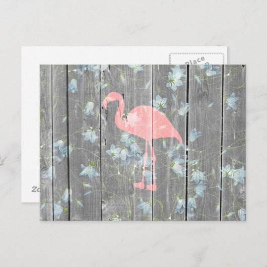 Rosa Flamingo Bläsergrau Rustikales Holz Foto druc Postkarte (Vorne/Hinten)
