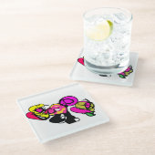 Rosa Flamingo Blume und Freude Glasuntersetzer (Schrägansicht)