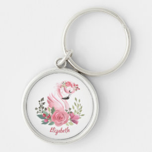 Rosa Flamingo Blumenrosen Name Schlüsselanhänger