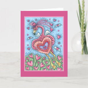 ROSA FLAMINGO CUPID UND FLIEGENDE HERZEN ZUM VALEN FEIERTAGSKARTE