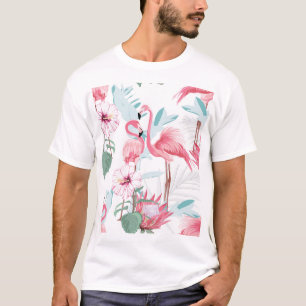 Rosa Flamingo: Exotische Blume Nahtlos. T-Shirt