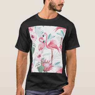 Rosa Flamingo: Exotische Blume Nahtlos. T-Shirt