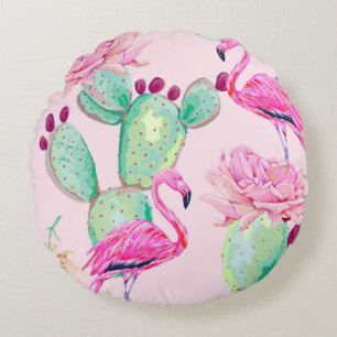 Rosa Flamingo, exotische Vögel, sanfte Blumen, Ros Rundes Kissen