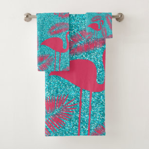 Rosa Flamingo Exotischer Vogelliebhaber Palmenblät Badhandtuch Set