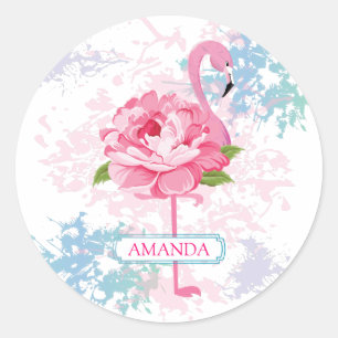 Rosa Flamingo Floral Monogramm Runder Aufkleber