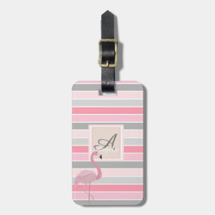 Rosa Flamingo,Gestreiftes Monogramm-Personalisier Gepäckanhänger
