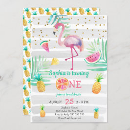 Rosa Flamingo Girl Erster Geburtstag Tropischer So Einladung