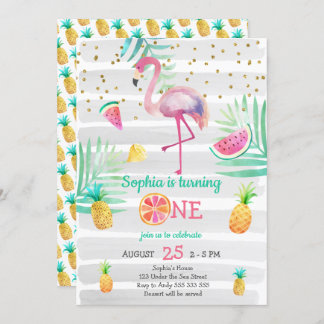 Rosa Flamingo Girl Erster Geburtstag Tropischer So Einladung