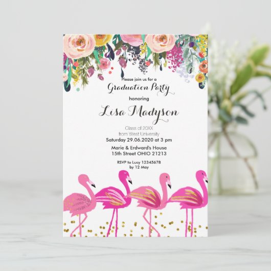 Rosa Flamingo Graduation Party Einladung (Stehend Vorderseite)