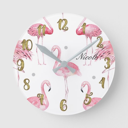 Rosa Flamingo-graue Tupfen-schicke minimale Runde Wanduhr (Vorderseite)