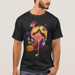 Rosa Flamingo-Hexe-Wein-Kürbis-Halloween-Kostüm T-Shirt