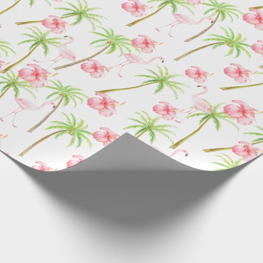 Rosa Flamingo Hibiskus Blume Tropische Palmen Geschenkpapier (Ecke)