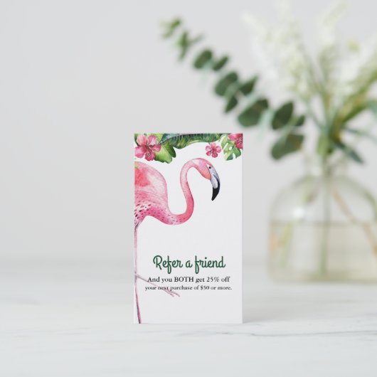 Rosa Flamingo & Hibiskus Tropical Refer a Friend Empfehlungskarte (Stehend Vorderseite)