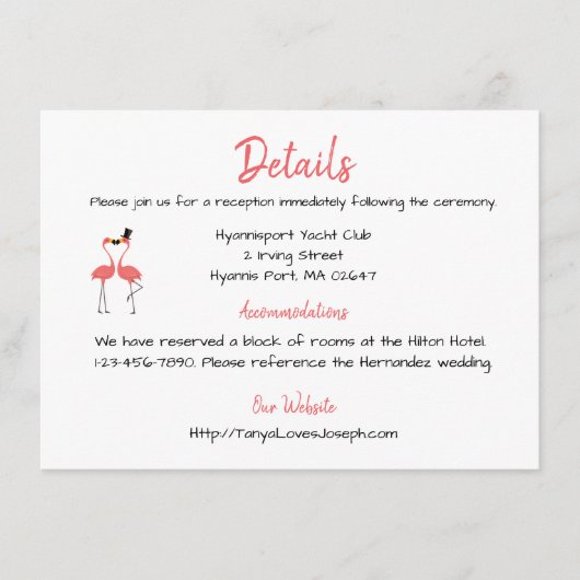 Rosa Flamingo Hochzeitsdetails Tropischer Sommer L Begleitkarte (Vorderseite)
