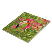 Rosa Flamingo in der Palme und in Monstera Fliese (Seite)