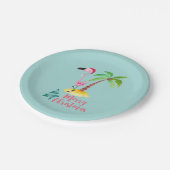 Rosa Flamingo in einer Weihnachtsmannmütze mit Pal Pappteller (Schrägansicht)