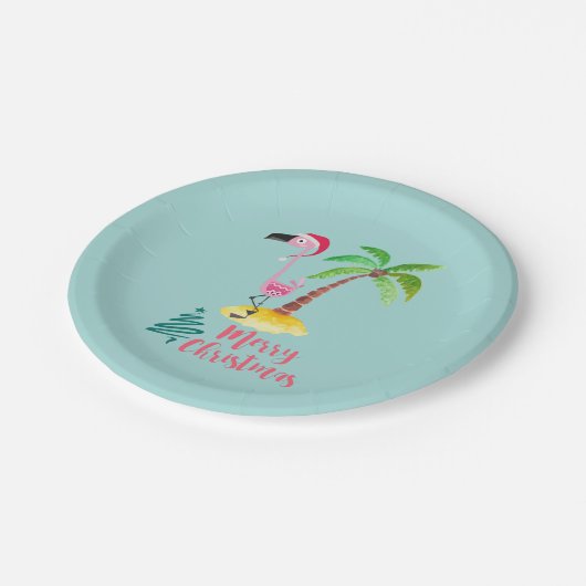 Rosa Flamingo in einer Weihnachtsmannmütze mit Pal Pappteller (Schrägansicht)