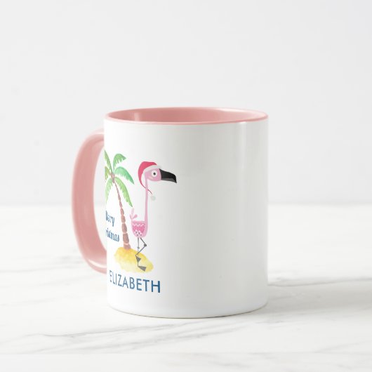 Rosa Flamingo in Roter Weihnachtsmannmütze Tropisc Tasse (Vorderseite Links)