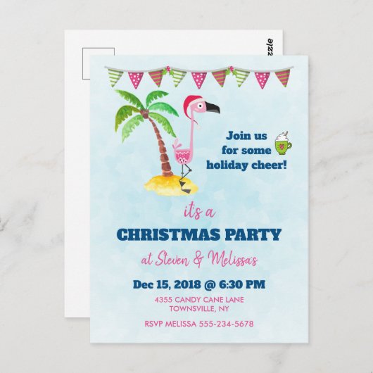 Rosa Flamingo in Roter Weihnachtsmannmütze Weihnac Postkarte (Vorne/Hinten)