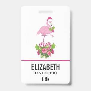 Rosa Flamingo in Weihnachtsmannmütze mit Candy Can Ausweis