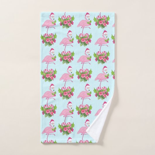 Rosa Flamingo in Weihnachtsmannmütze mit Candy Can Badhandtuch Set (Handtuch)