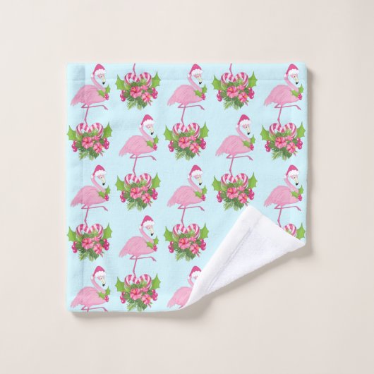 Rosa Flamingo in Weihnachtsmannmütze mit Candy Can Badhandtuch Set (Waschlappen)