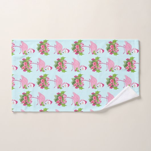 Rosa Flamingo in Weihnachtsmannmütze mit Candy Can Badhandtuch Set (Handtuch)