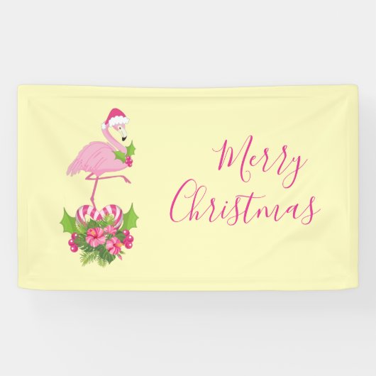Rosa Flamingo in Weihnachtsmannmütze mit Candy Can Banner (Horizontal)