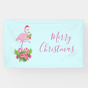 Rosa Flamingo in Weihnachtsmannmütze mit Candy Can Banner