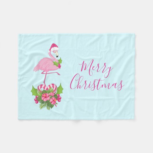 Rosa Flamingo in Weihnachtsmannmütze mit Candy Can Fleecedecke (Vorderseite (Horizontal))