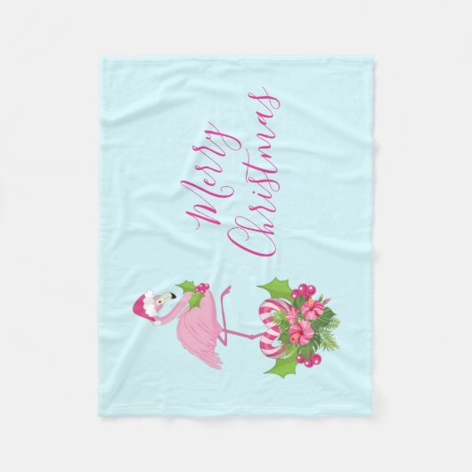 Rosa Flamingo in Weihnachtsmannmütze mit Candy Can Fleecedecke (Vorderseite)