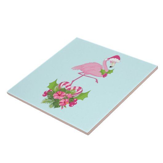 Rosa Flamingo in Weihnachtsmannmütze mit Candy Can Fliese (Seite)